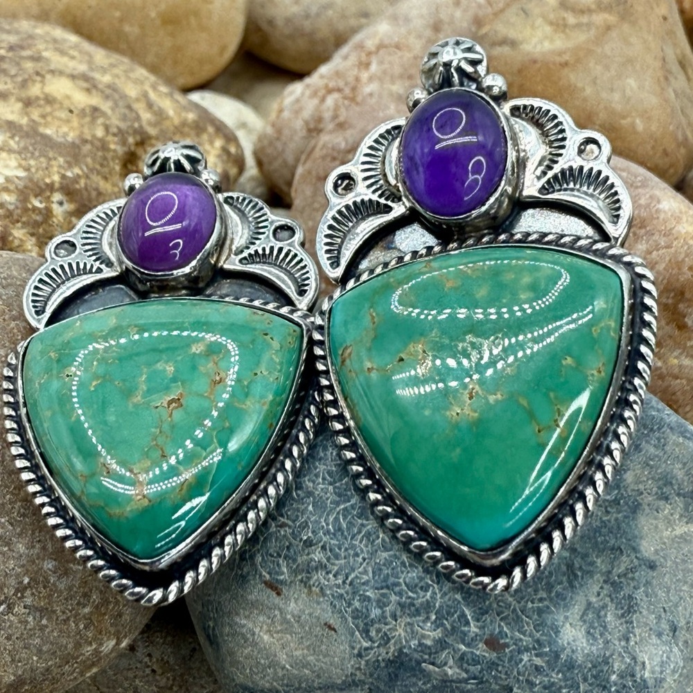 Native American Sterling Silver Turquoise & Amethyst Earrings “Revé” – 22.64g - Picture 3 of 17